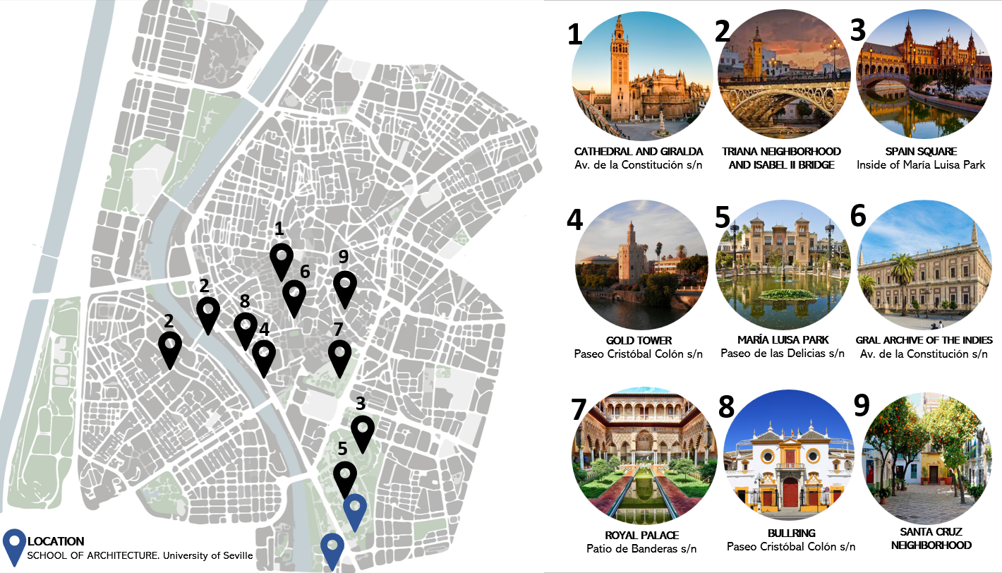 Map of Seville with references to monuments