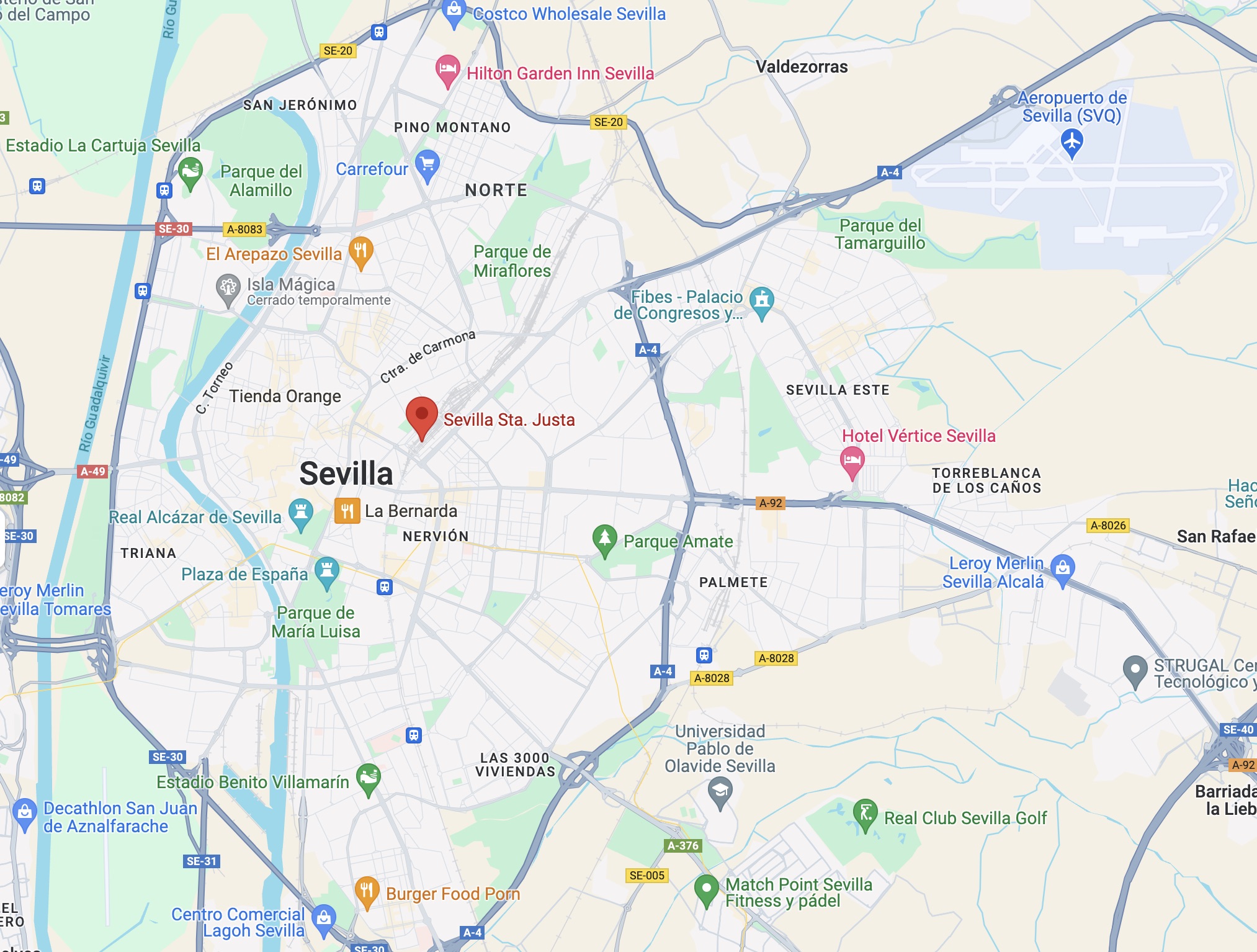 Map with reference to ways to get to Seville
